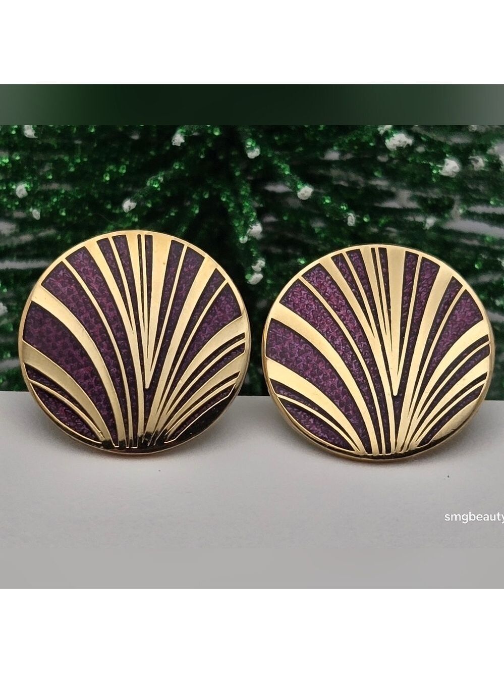 Vintage Rococo Purple Enamel Art Deco Fan Earrings Gold Tone NWOT